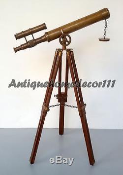 Antique Vintage Brass Telescope 18" w/ Wooden Tripod US Navy Marine Collectible