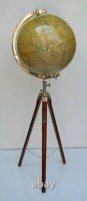 12'' Nautical World Map Globe Ornament With Floor Stand Wooden Tripod Decor