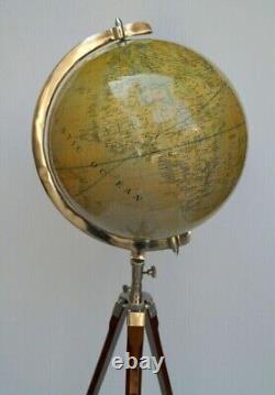 12'' Nautical World Map Globe Ornament With Floor Stand Wooden Tripod Decor