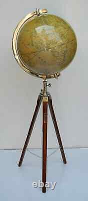 12 Nautical World Map Globe with Wooden Tripod Stand Vintage Floor Decor & Of