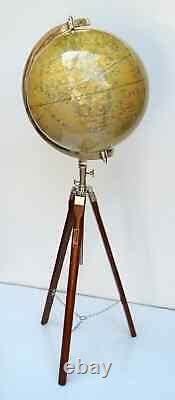 12 Nautical World Map Globe with Wooden Tripod Stand Vintage Floor Decor & Of