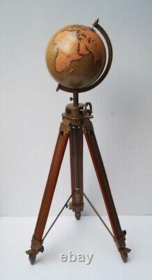 12 World Glob Map Vintage Style with Wooden Tripod Stand Decor Earth Ocean Gift