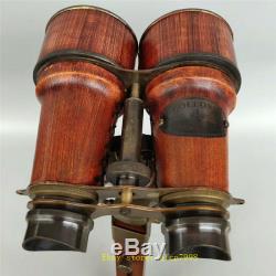 13.78 Vintage copper Leather Binocular telescope With Wooden Tripod Stand