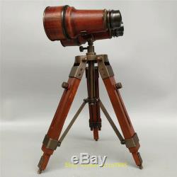 13.78 Vintage copper Leather Binocular telescope With Wooden Tripod Stand