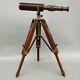 14.17 Vintage Copper Leather Binocular Telescope With Wooden Tripod Stand