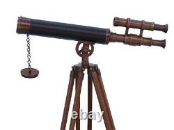18 Antique Brass Nautical Floor Standing Telescope With Wooden Tripod Stand