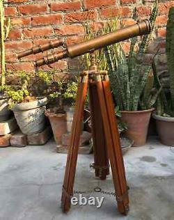 18 Antique Brass Telescope With Wooden Tripod Stand Nautical Floor Standing