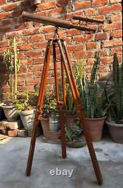 18 Antique Brass Telescope With Wooden Tripod Stand Nautical Floor Standing