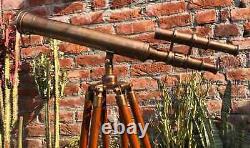 18 Antique Brass Telescope With Wooden Tripod Stand Nautical Floor Standing