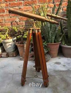 18 Antique Brass Telescope With Wooden Tripod Stand Nautical Floor Standing