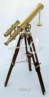 18 Brass Marine Nautical Double Barrel Telescope Navy With Wooden Tripod Stand
