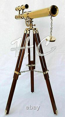 18 Brass Marine Nautical Double Barrel Telescope Navy With Wooden Tripod Stand