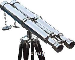 18'' Chrome Maritime Brass Binocular with Wooden Tripod Stand Floor Telescope