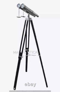 18'' Chrome Maritime Brass Binocular with Wooden Tripod Stand Floor Telescope