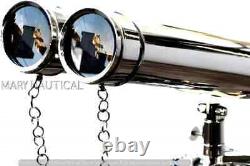 18'' Chrome Maritime Brass Binocular with Wooden Tripod Stand Floor Telescope