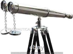 18'' Chrome Maritime Brass Binocular with Wooden Tripod Stand Floor Telescope