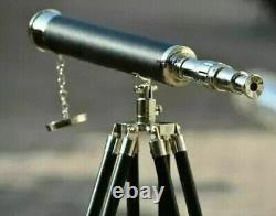 18 Inch Telescope w Wooden Tripod Stand Antique Nautical Floor Standing Brass