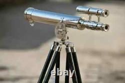 18 Inch Telescope w Wooden Tripod Stand Antique Nautical Floor Standing Brass