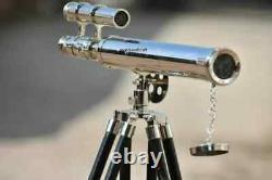 18 Inch Telescope w Wooden Tripod Stand Antique Nautical Floor Standing Brass