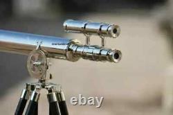 18 Inch Telescope w Wooden Tripod Stand Antique Nautical Floor Standing Brass