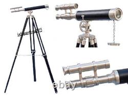 18 Vintage Chrome Telescope +Black With Wooden Tripod Stand