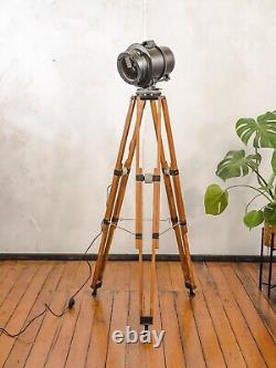 1950s Railway Signal light on a Vintage Wooden Videography Tripod Floor lamp