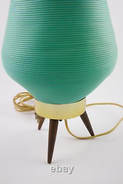 1960s Vintage MCM Atomic Tripod Lamp Turquoise Ribbed Behive Cone Shade