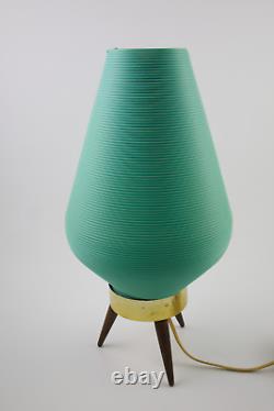 1960s Vintage MCM Atomic Tripod Lamp Turquoise Ribbed Behive Cone Shade
