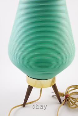 1960s Vintage MCM Atomic Tripod Lamp Turquoise Ribbed Behive Cone Shade
