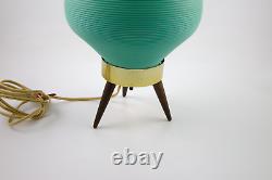 1960s Vintage MCM Atomic Tripod Lamp Turquoise Ribbed Behive Cone Shade