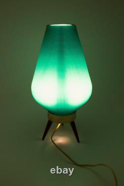 1960s Vintage MCM Atomic Tripod Lamp Turquoise Ribbed Behive Cone Shade