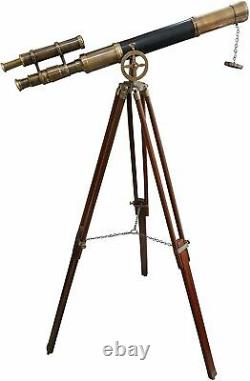 27 Vintage Brass Telescope On Wooden Tripod Maritime Nautical 60 Tall