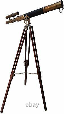 27 Vintage Brass Telescope On Wooden Tripod Maritime Nautical 60 Tall Scope