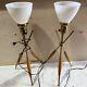 2 Vintage Mid Century Gerald Thurston Lightolier Wood & Brass Tripod Table Lamp
