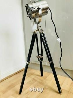 30 Inches Black Nautical Spot Light With Wooden Tripod Stand Vintage Look Light