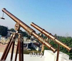 39 Antique Navy Brass Marine Double Barrel Telescope With Vintage Wooden Tripod