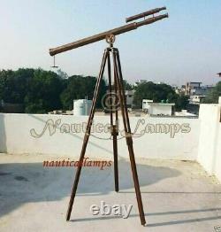 39 Antique Navy Brass Marine Double Barrel Telescope With Vintage Wooden Tripod