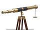 39 Brass Telescope Black Leather Antique Full Size On A Wooden Tripod Stand