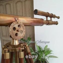 39 Inch Antique Nautical Floor Standing Brass Telescope With Wooden Tripod Stand