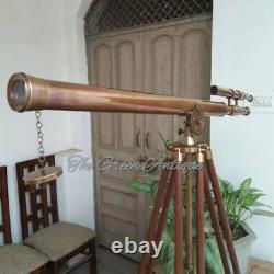 39 Inch Antique Nautical Floor Standing Brass Telescope With Wooden Tripod Stand