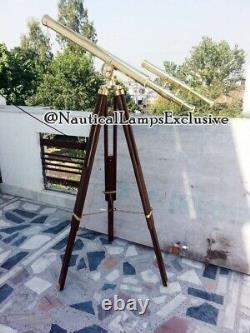 39 Vintage Brass Marine Nautical Telescope Wooden Tripod Adjustable Stand Décor