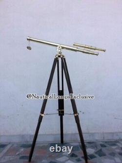 39 Vintage Brass Marine Nautical Telescope Wooden Tripod Adjustable Stand Décor