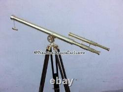 39 Vintage Brass Marine Nautical Telescope Wooden Tripod Adjustable Stand Décor