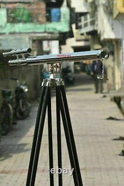 39 Vintage Brass Telescope With Wooden Tripod Stand Nautical Floor Standing
