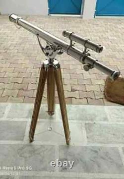 64 Vintage Nautical Floor Big Standing Brass Telescope With Wooden Tripod Stand