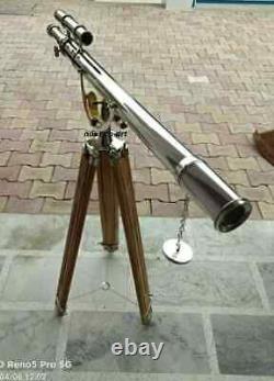 64 Vintage Nautical Floor Big Standing Brass Telescope With Wooden Tripod Stand