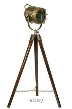 ACTIVE Vintage Nautical Wooden Tripod Floor Lamp Antique Standing Searchlight