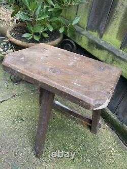 ANTIQUE Vintage CUTLERS WOODEN STOOL steel silver buffers seat folk art tripod