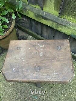 ANTIQUE Vintage CUTLERS WOODEN STOOL steel silver buffers seat folk art tripod