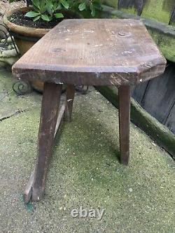 ANTIQUE Vintage CUTLERS WOODEN STOOL steel silver buffers seat folk art tripod